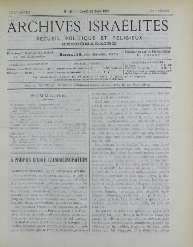 Archives israélites de France. Vol.70 N°23 (10 juin 1909)